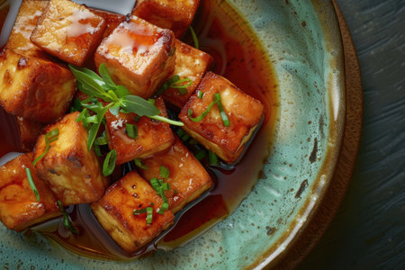 Glazed tofu cubes with green onions and sauce served in a rustic bowl.の素材