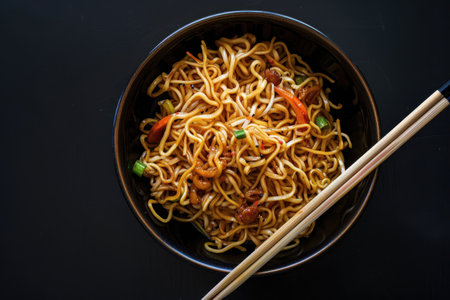 A bowl of noodles with chopsticks on a black surface. The noodles are a pale yellow and have been stir-fried with vegetables and a sauce.の素材