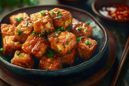 A bowl of crispy, fried tofu cubes glazed with a savory sauce and topped with green onions.の素材