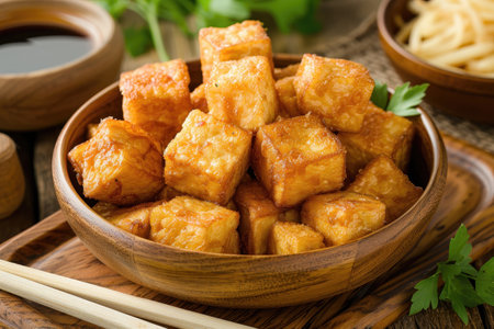 A close-up of crispy fried tofu cubes in a wooden bowl with parsley leaves on the side.の素材