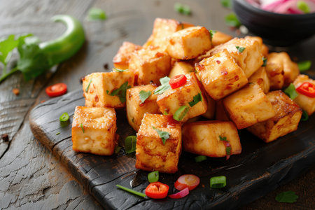 Close-up shot of crispy fried tofu cubes with green onions and chili peppers, garnished with fresh herbs, resting on a black wooden board.の素材