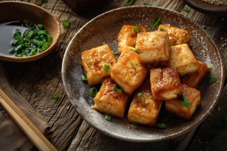 A close-up of a bowl of glazed tofu topped with sesame seeds and green onions, resting on a rustic wooden table.の素材