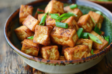 A close-up shot of a bowl filled with crispy fried tofu cubes topped with green onions.の素材