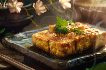 A close-up shot of steaming pan-fried tofu with herbs and a shiny glaze on a plate with chopsticks.の素材