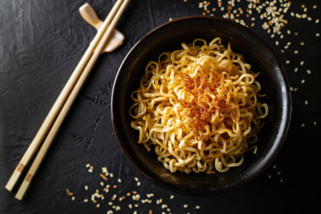 A close-up view of a bowl of noodles with toasted sesame seeds and chopsticks on a dark surface.の素材