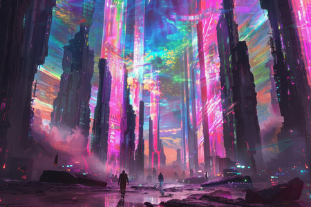 A digital painting depicting a futuristic cityscape with two figures walking through itの素材