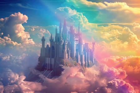 A majestic stone castle with towers and spires sits atop a fluffy cloud formation in a dreamy, colorful sky.の素材