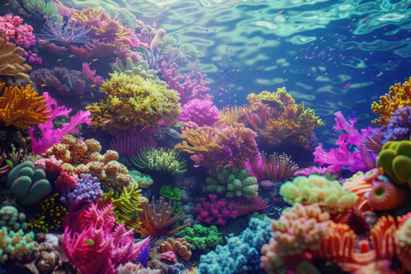 A colorful and vibrant underwater scene with a diverse array of coral reefs and fish swimming in the water.の素材