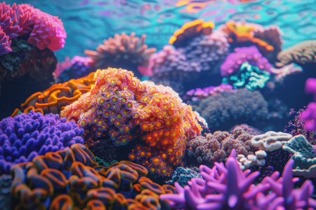 A close-up of a vibrant coral reef showcasing a diverse array of coral species in various colors and shapes.の素材