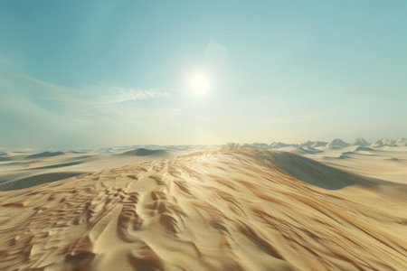 A wide shot of a vast desert landscape with rolling sand dunes under a bright, clear blue sky.の素材