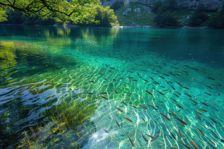 A serene lake with crystal clear water, revealing a school of fish swimming in the depths, surrounded by lush green foliage and mountains.の素材
