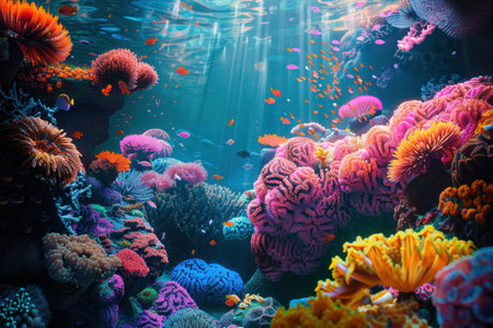 A colorful underwater scene showcasing a vibrant coral reef with various fish swimming through sunbeams.の素材
