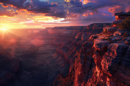 A breathtaking view of a Grand Canyon cliffside bathed in the warm light of a setting sun, with dramatic clouds in the sky.の素材