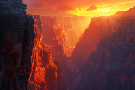 A lone figure stands on a cliff edge, gazing out over a grand canyon bathed in the warm light of a sunrise or sunset.の素材