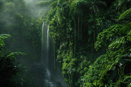 A lush, green waterfall cascading down a cliff face covered in vibrant vegetation.の素材