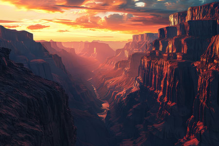 A scenic sunset view over a canyon with a river flowing through it, featuring dramatic rock formations and a vibrant sky.の素材