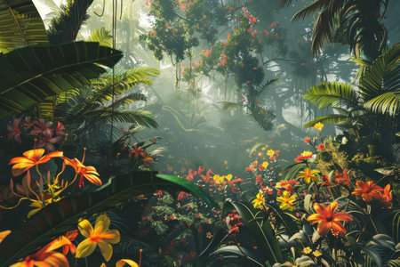 A dense tropical rainforest teeming with vibrant red, yellow, and orange flowers, bathed in soft sunlight and mist.の素材