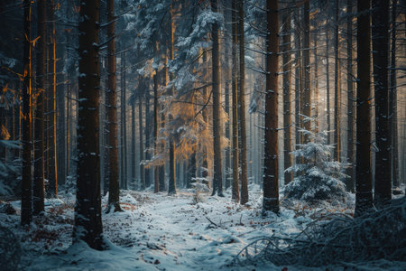 A picturesque view of a snowy forest with sunbeams shining through the trees and creating a magical atmosphere.の素材