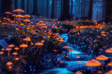 The image depicts a magical forest scene with glowing orange mushrooms surrounding a luminous blue stream, creating an ethereal and dreamlike atmosphere.の素材