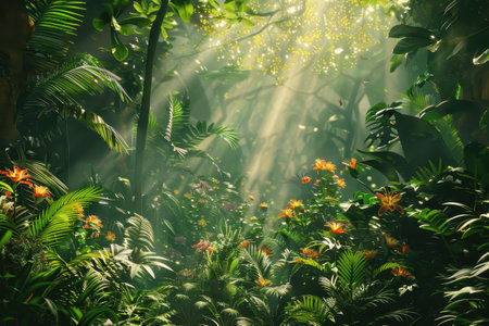 A vibrant and lush tropical rainforest scene with sunlight streaming through the canopy, illuminating orange flowers and green foliage.の素材