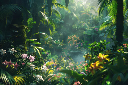 A dense, vibrant tropical rainforest scene with sunlight filtering through the canopy and illuminating the lush foliage and vibrant flowers.の素材
