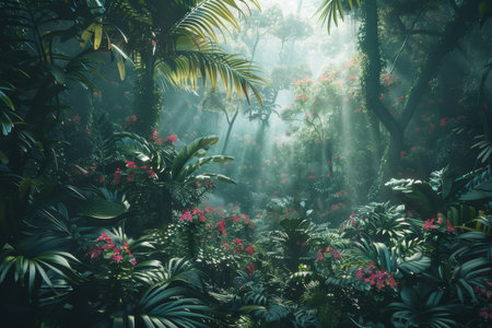 A dense rainforest scene with sunlight filtering through the canopy, illuminating the lush foliage and pink blossoms.の素材