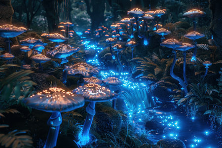 A digitally rendered scene of bioluminescent mushrooms glowing blue in a dark forest with a flowing stream.の素材