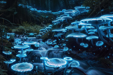 A scene of a magical forest at night, where bioluminescent mushrooms illuminate a rushing stream with an otherworldly glow.の素材