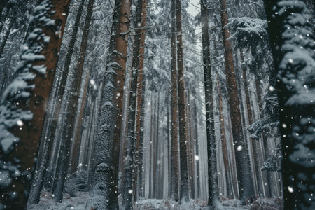 A dense forest of pine trees covered in snow, with snowflakes falling through the branches.の素材