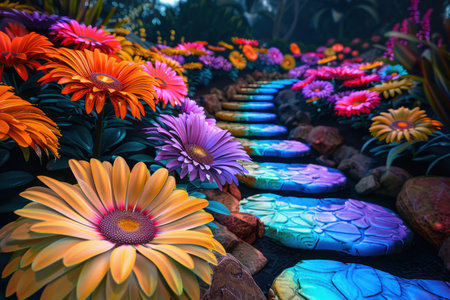 A close-up image of a path of blue stepping stones winding through a lush garden with vibrant, colorful flowers.の素材