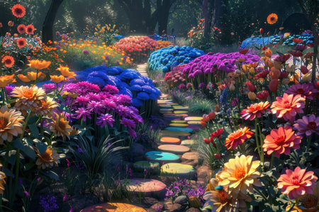 A scenic pathway winds through a vibrant flower garden, showcasing an abundance of colorful blooms and lush greenery.の素材