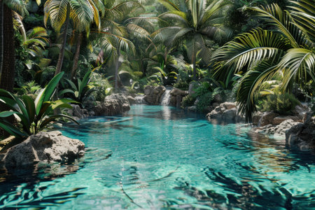A tranquil tropical pond surrounded by lush palm trees and rocks, with clear turquoise water reflecting sunlight.の素材
