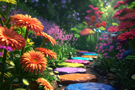 A vibrant and enchanting garden scene with a path of colorful stones leading through lush greenery and a profusion of colorful flowers.の素材