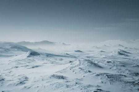 A wide, snow-covered landscape with distant mountains under a hazy, pale blue sky.の素材