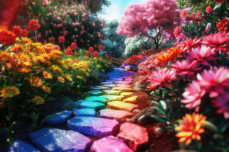A colorful and vibrant garden with a rainbow stone path winding through a variety of blooming flowers.の素材