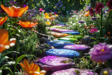 A vibrant flower garden with a colorful stone path leading through it, surrounded by lush greenery and blooming flowers.の素材