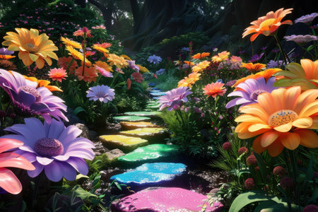A vibrant scene of a rainbow stone pathway leading through a lush forest filled with colorful blooming flowers.の素材