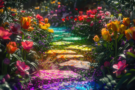 A magical garden path lined with colorful flowers leading through a lush and vibrant landscape.の素材