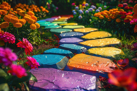 A colorful stone path winds through a lush floral garden, creating a vibrant and picturesque scene.の素材