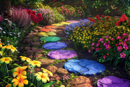 A colorful stone path winds through a vibrant garden, leading the eye towards a lush and enchanting landscape.の素材