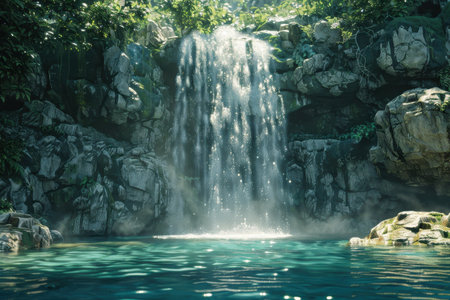 A serene scene of a waterfall cascading into a tranquil pool, surrounded by lush greenery and rocks.の素材