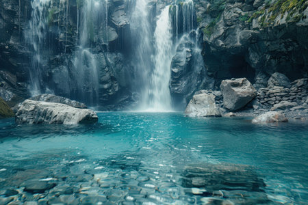 A serene waterfall cascades into a calm pool of water surrounded by rocks.の素材