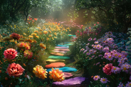 A pathway of colorful stones leads through a lush garden filled with vibrant flowers, bathed in soft sunlight, creating a dreamlike and magical atmosphere.の素材
