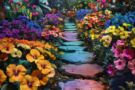 A winding stone pathway amidst a vibrant and colorful flower garden.の素材