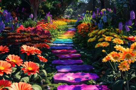 A colorful path leads through a vibrant flower garden, bathed in sunlight and shadow, creating a magical and enchanting scene.の素材
