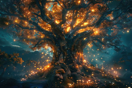 An image depicting a large, ancient tree illuminating a dark, mystical forest with glowing lights.の素材