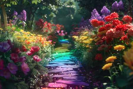 A rainbow path winds through a lush and vibrant garden, with colorful flowers blooming and sparkling lights illuminating the scene.の素材