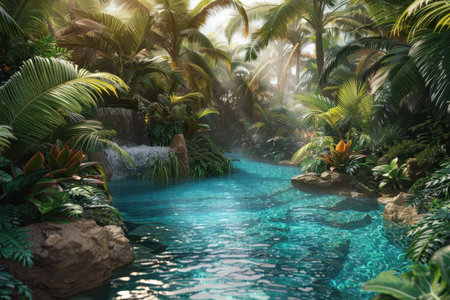 A serene river meanders through a lush tropical jungle, illuminated by sunlight filtering through the dense canopy of palm trees.の素材