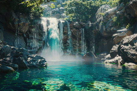 The image captures a beautiful waterfall cascading into a clear blue pool in a serene, natural setting.の素材