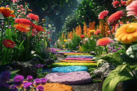 A colorful stone path winds through a lush garden filled with blooming flowers and greenery, bathed in sunlight.の素材